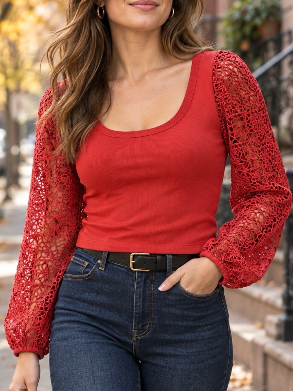 Maeve by Anthropologie Burnt Orange Ribbed Top with Lace Sleeves Size Medium